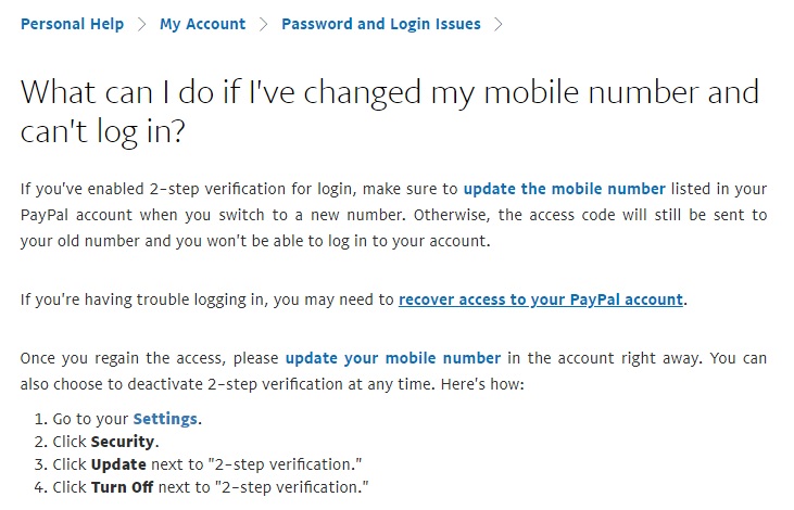 Forgot paypal password and changed phone number