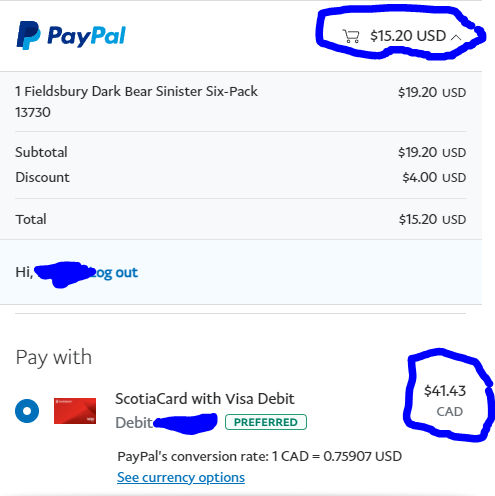 how is 15USD = 41.43CAD with the conversion rate shown above