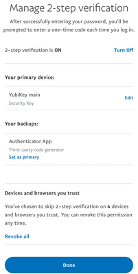 PayPal 2-step verification with a physical security key and backup code generator authenticator app