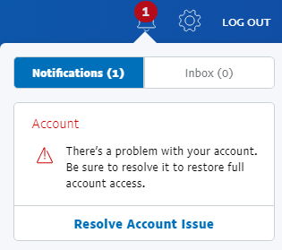 This appears on my alerts. The "Resolve Account Issue" link goes nowhere. I do not know what the issue is.